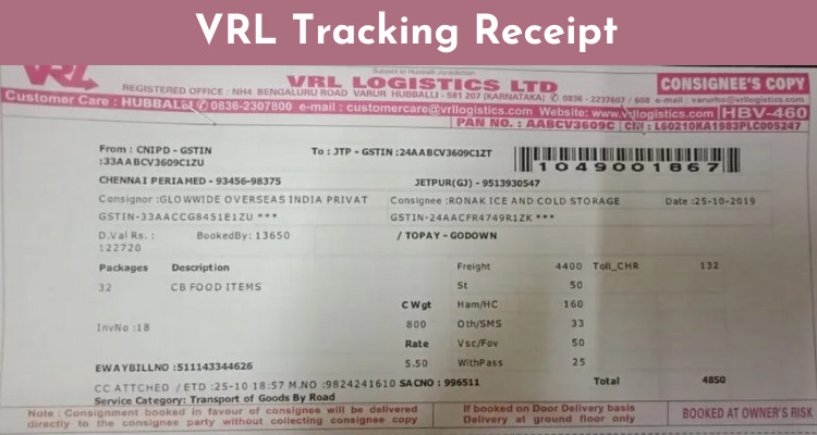 VRL Tracking Number Receipt